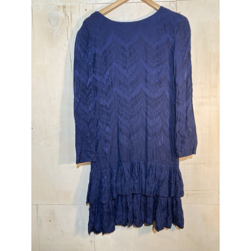 Vintage 90s Ruffle Hem Dress Women Sz 14 Blue Silk Long Sleeve Jacquard Cocktail